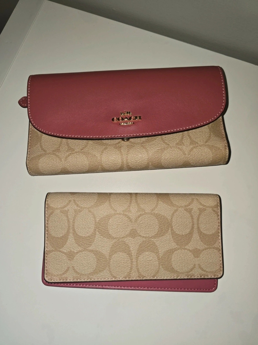Coach Pink Leather Flap Beige Signature Canvas Continental Wallet